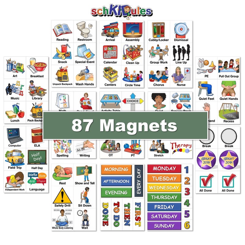 SchKIDules Visual Schedule Magnets: 87pc School Collection for Special Education and Preschool Student Support: Contains 66 (2x2) School-Themed Icons +21 Headings Available in English & Spanish - Image 3